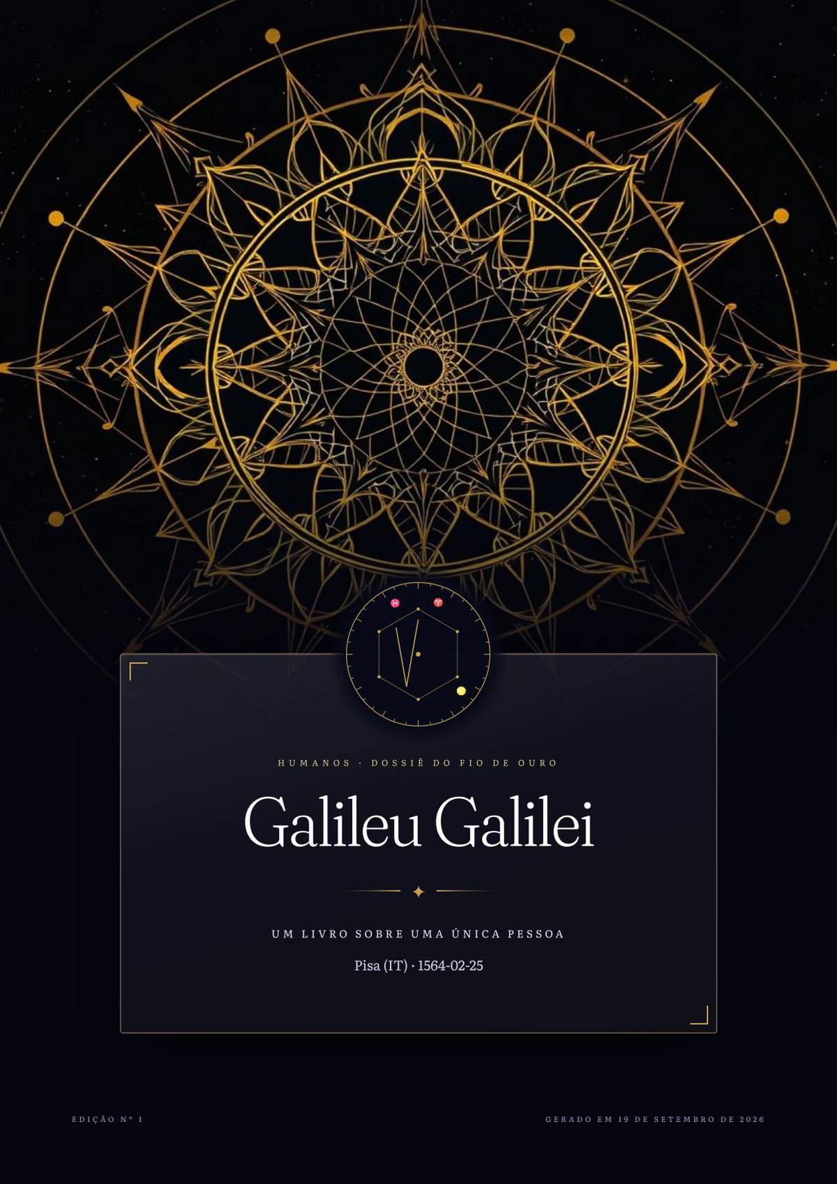 Dossier cover: golden mandala, a one-of-a-kind seal and the person's name on a glass panel