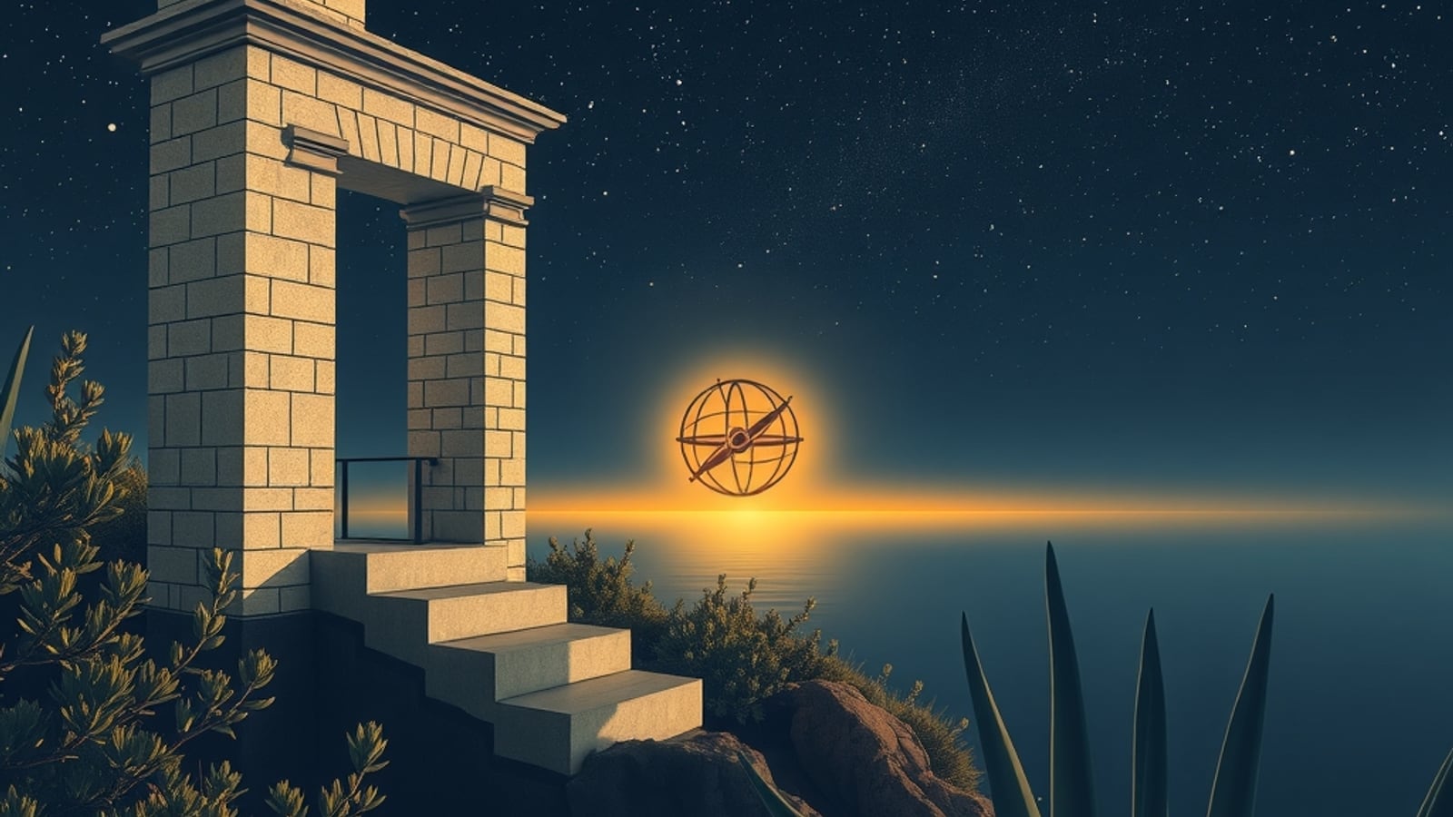 Arco de piedra frente al mar y una esfera armilar dorada bajo las estrellas